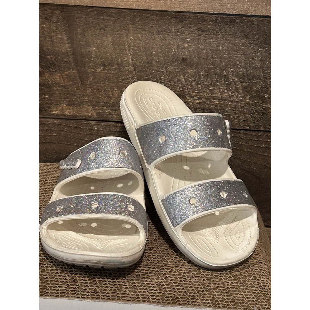 CROCS Classic Croc Glitter II W8 M6 White Silver Slip On Slide Sandals